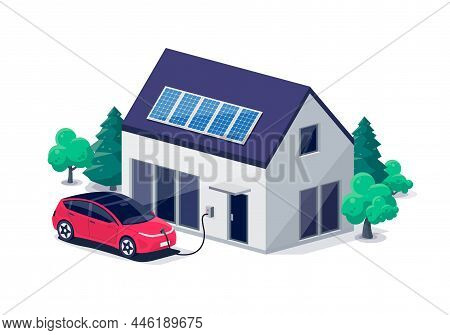 Electric Car Parking Charging At Home Wall Box Charger Station On Residence Family House. Energy Sto