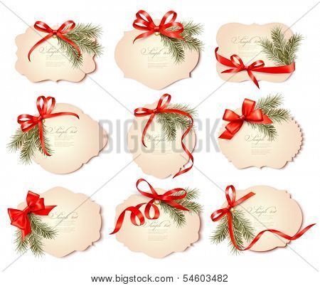 Set of beautiful christmas gift cards with red gift bows with ribbons Vector 