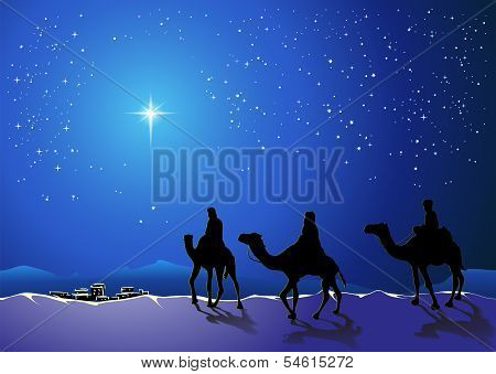 Christmas story. Three wise men go for the star of Bethlehem