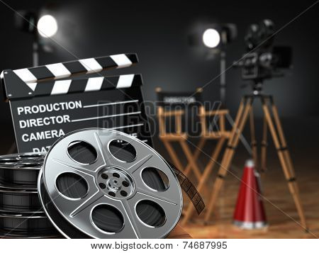 Video, movie, cinema concept. Retro camera, reels, clapperboard and director chair. 3d