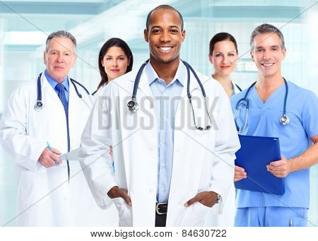 Medical physician doctor man and group of business people.