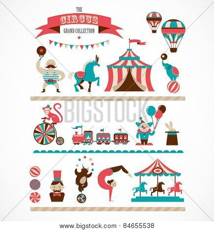 vintage hipster circus collection with carnival, fun fair, vector icons and background and illustration