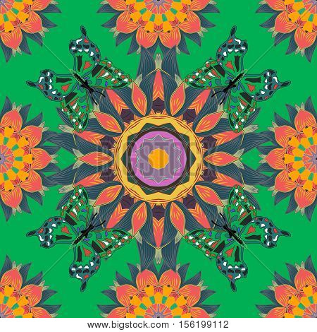 Seamless Pattern With Mandalas. Vector Ornaments Background. Green Orange. Butterflies.