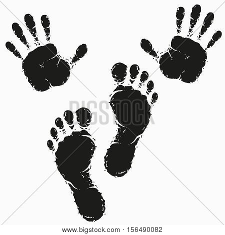 Black footprint and hand print. Imprint of human foot, monochrome print palm, vector illustration