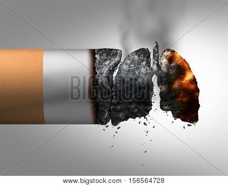 Lungs and smoking medical concept as a lit cigarette with the ashes shaped as a human breathing organ as a nicotine addiction and smoking habit risk with 3D illustration elements.