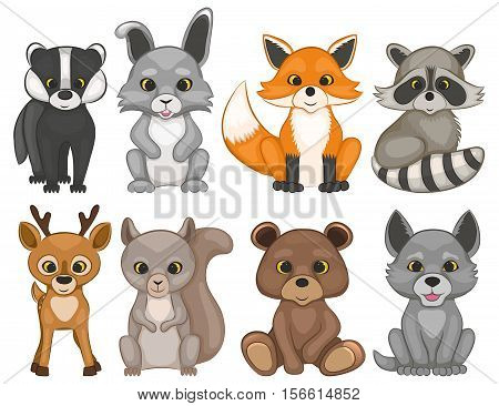 Cute forest animals isolated on a white background. Set of cartoon woodland animals. Set of prints for t-shirt design. Vector illustration.