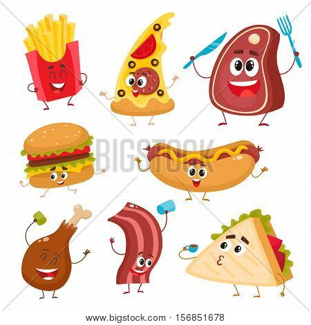 Set of funny fast food characters - pizza, French fries, burger, hot dog, steak, bacon, sandwich and chicken leg, cartoon vector illustration isolated on white background. Funny fast food characters