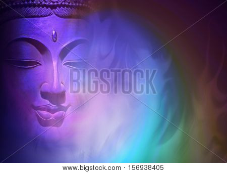 Mystical Buddha Background - ethereal colored gaseous vapors rising up with a partial Buddha head emerging from the darkness on left side and copy space on right