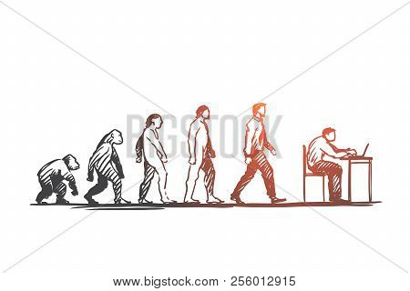 Evolution, Businessman, Programmer, Primitive Concept. Hand Drawn Figures Of Primates And Humans, Ev