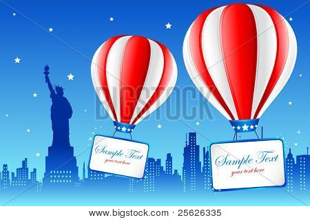 illustration of hot air balloon flying on american city new york with statue of liberty in background