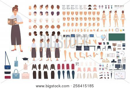 Female School Teacher Creation Kit Or Diy Set. Bundle Of Woman's Body Elements, Postures, Gestures, 