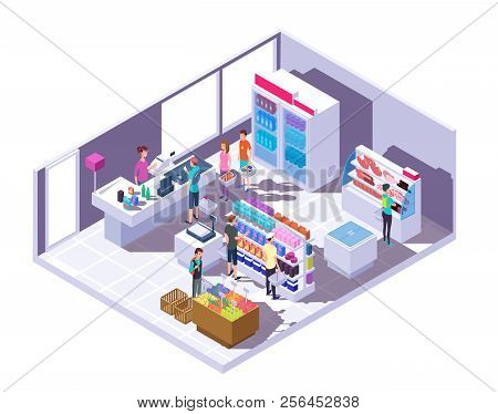 Isometric Grocery Store Interior. Supermarket Interior With Shopping People And Food On Shelves And 