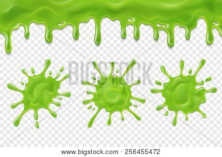 Dripping Slime. Green Dirt Splat, Goo Dripping Splodges Of Slime. Halloween Ooze, Mucus Isolated Vec