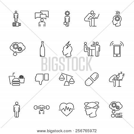 Stress Causes Icons Collection Set. Outline Vector Illustration Why People Are Stressed. Reason Of F