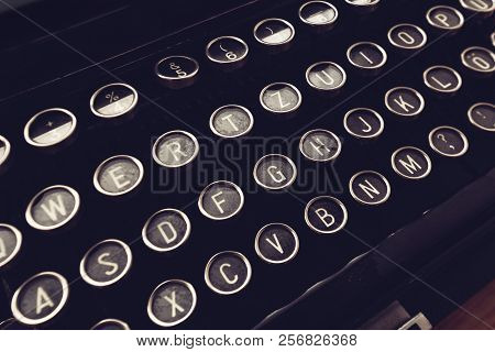 Close Up Of Vintage Typewriter Machine Keys On Writers Desk, Conceptual Image For Blogging, Publishi