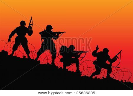 Assault. Vector silhouette of soldiers.