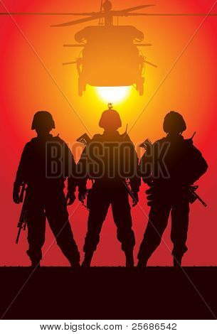 Vector silhouette of tree soldiers with helicopter on the background