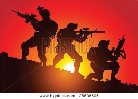 Silhouette of three soldiers on the battlefield