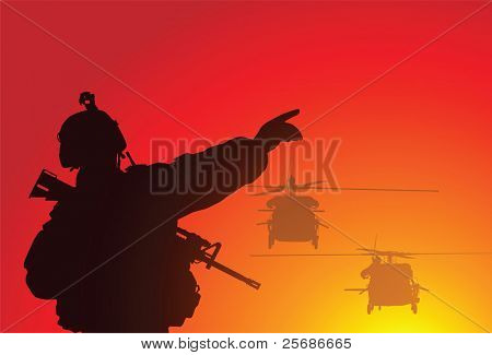 Silhouette of a soldier with helicopters