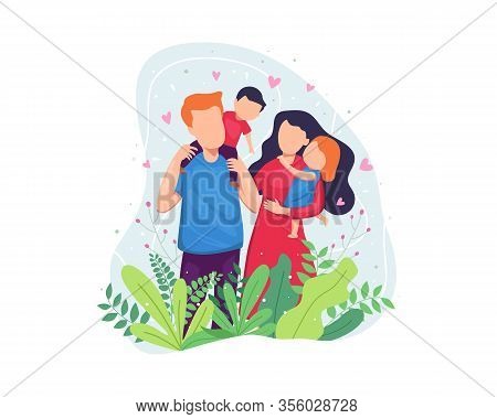 Vector Illustration Happy Family Concept. Happy Family Hugging Each Other, Having Fun Together. Port