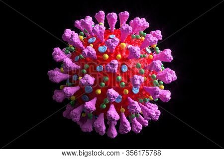 Coronavirus Covid-19 Infection 3d Render. Floating Pathogen Respiratory Influenza Covid Virus Cells.