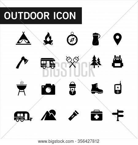 Icon Collection Of Outdoor Activities And Adventures In The Wild Such As Tent, Compasses, Mountain A