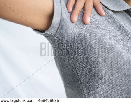 Woman Wet Shirt Underarm Close Up. Problem Armpit Sweat Stains And Strong Body Odor. Hyperhidrosis S