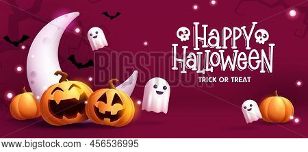 Halloween Vector Background Design. Happy Halloween Trick Or Treat Text With Cute Ghost And Pumpkins