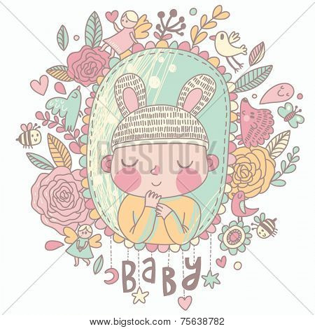 Newborn baby card in pastel colors. Stylish shower card with baby boy, flowers, hearts, angel, birds, bees and other holiday elements. Cartoon vector background