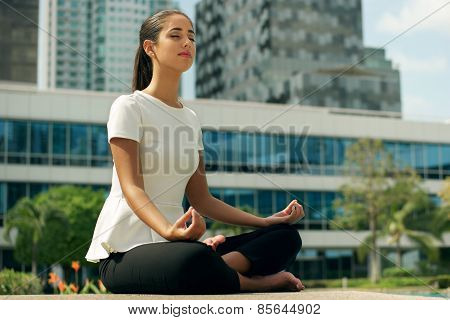 Relax Business Woman Yoga Lotus Position Outside Office Building