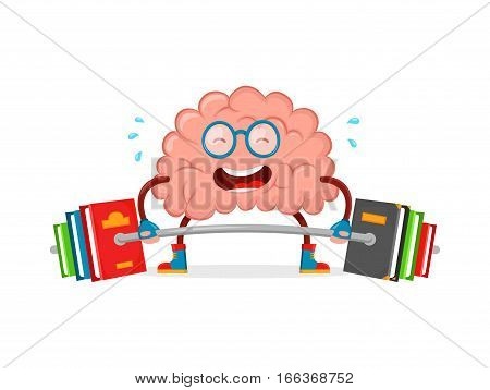 train your brain. brain vector cartoon flat illustration fun character creative design. educationsciencesmart brain books fitness concept.train lifts with book barbell. isolated on white background