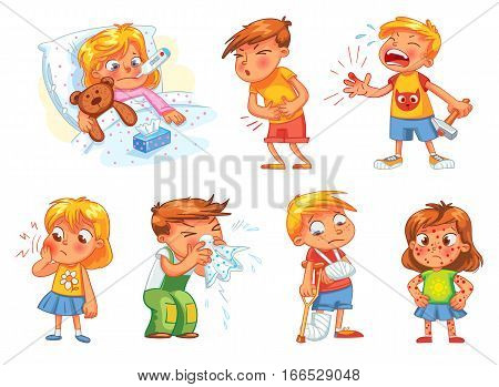 Children get sick. Child has high temperature. Boy hit with hammer on finger. Toothache. Boy's stomach ache. Girl's body rash. Broken limbs. Cold in head. Funny cartoon character. Vector illustration