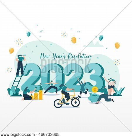 Happy New Year 2023. 2023 Goals And Resolutions Concept Illustration. Tiny People Having Fun With Th