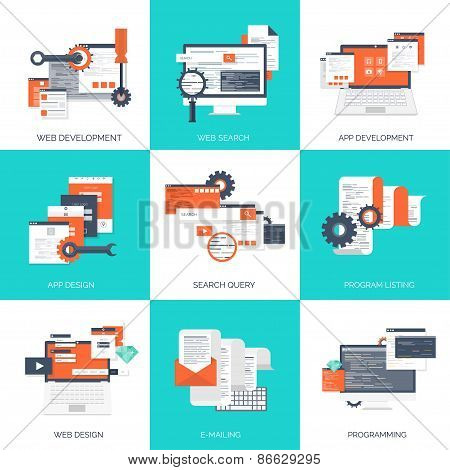 Vector illustration. Flat computing background. Programming,coding. Web development and search. SEO.