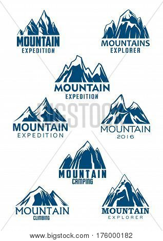 Climbing or mountain hiking sport vector icons for mountaineering adventure trip or Alpine explorer expedition and camping tourism. Emblems set of blue Alp rocks or mount and snow peaks