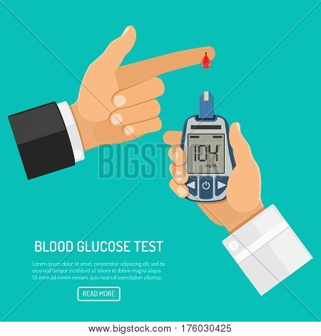 doctor hand holds blood glucose meter and finger with blood drop. blood sugar level testing, treatment, monitoring and diagnosis of diabetes concept. icon in flat style. isolated vector illustration