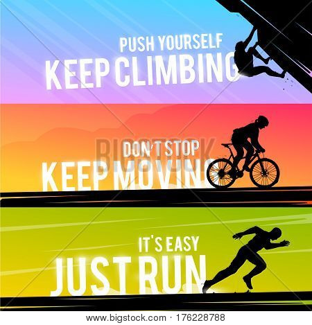 Vector sports web banner. Motivational concept. The silhouette of the biker. Runner silhouette. Running man. The silhouette of the climber. Extreme outdoor sports.