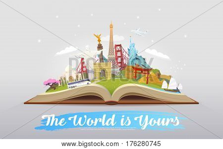 Travel to World. Road trip. Tourism. Open book with landmarks. Travelling vector illustration. The World is Yours Modern flat design.