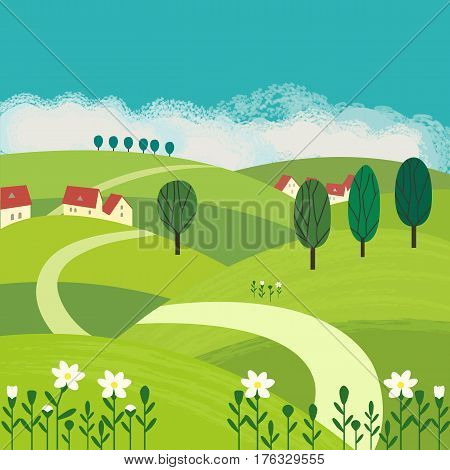 Green landscape. Freehand drawn cartoon outdoors style. Farm houses, country winding road on meadows, fields. Rural community. Sunny day, blue sky, hills. Vector village countryside scene background