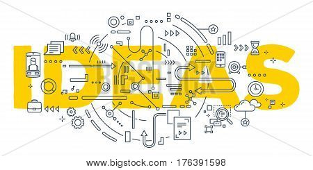 Vector Creative Illustration Of Ideas Word Lettering Typography With Line Icons On White Background.