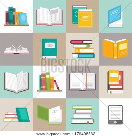 Icons of books vector set in a flat style. Books in a stack, open, in a group, closed, etc. Read, learn and receive education through books.