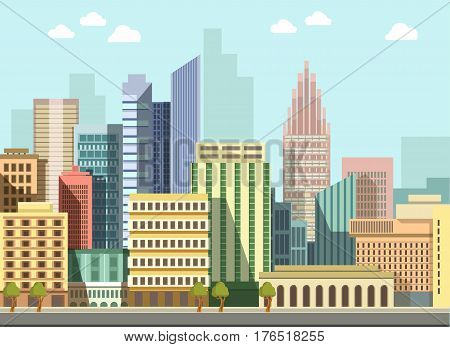 City landscape day view. Modern urban skyscrapers houses or living and office buildings street district architecture. Vector flat detailed skyline or panorama illustration