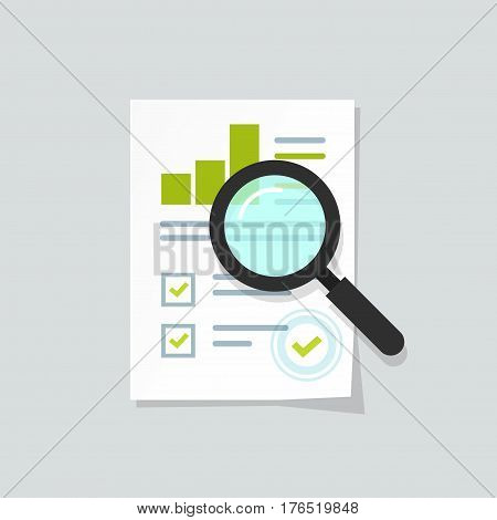 Sales growth report, analytics, investigation, boosted sales graph analytics data, research icon vector, analysis on paper sheet document via magnifier, statistics result with chart analyzing, audit