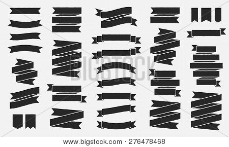 Classic Vintage Ribbons Banners Isolated On White Background. Black Tapes With Roughen Effect. Set O