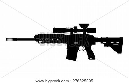 Black Silhouette Of Machine Gun With Grenade Launcher On White Background. Automatic Weapon Of Usa A