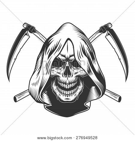 Vintage Monochrome Reaper Skull In Hood With Crossed Scythes Isolated Vector Illustration