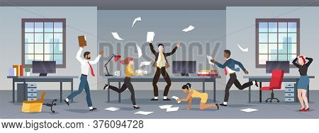 Office Panic. Corporate Business Problems, Collapse Career. Chaos In Workplace With Employees. Men A