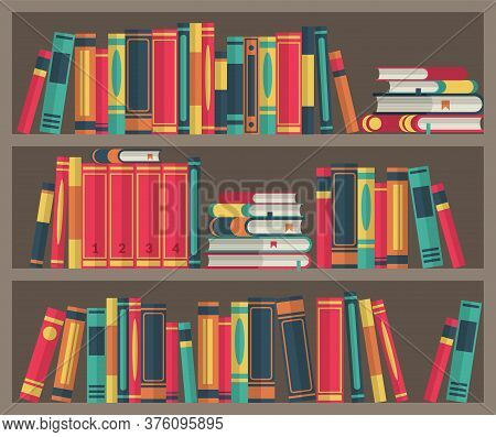 Library Room. Book Stacks In Bookcase. Various Books In Bookshelf Stand And Lie, Colorful Covers, Wo