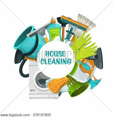 Cleaning Tools Banner, Clean House Service, Vector Household Laundry Detergents And Equipment. Home 