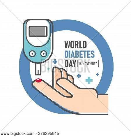 World Diabetes Day - Diabetes Blood Glucose Meter And Hand On Blue Ring Circle Vector Design